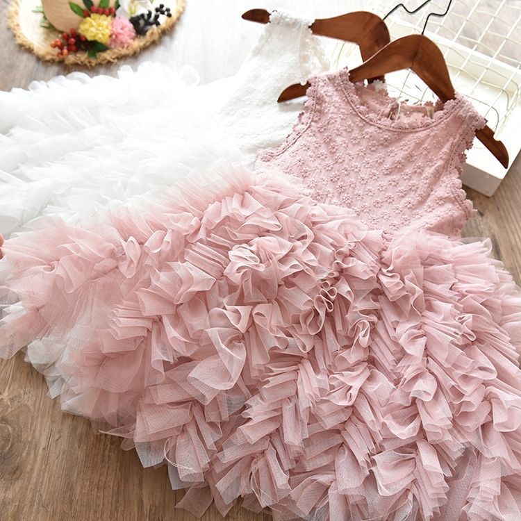 Autumn And Winter Explosions Hollow Children's Skirt Lace Long-sleeved Girls White Princess Dress Irregular Dress Pink A - D&A