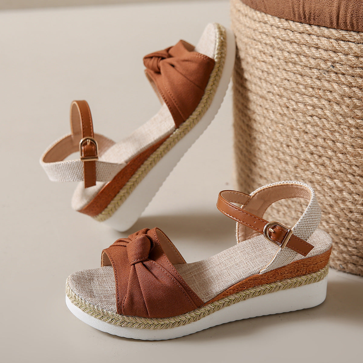 Bowknot Fashion Sandals Fish Mouth Buckle Rope Bottom Dark Brown - D&A