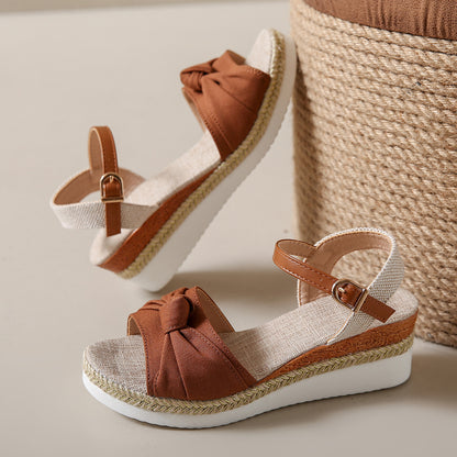 Bowknot Fashion Sandals Fish Mouth Buckle Rope Bottom Dark Brown - D&A