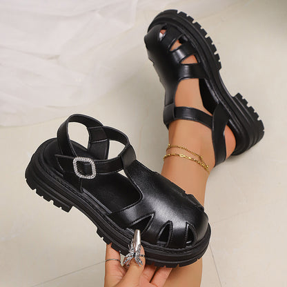 Sandals Summer New Style Back Empty Buckle Front Toe Cap Hollowed Women's Shoes Black - D&A