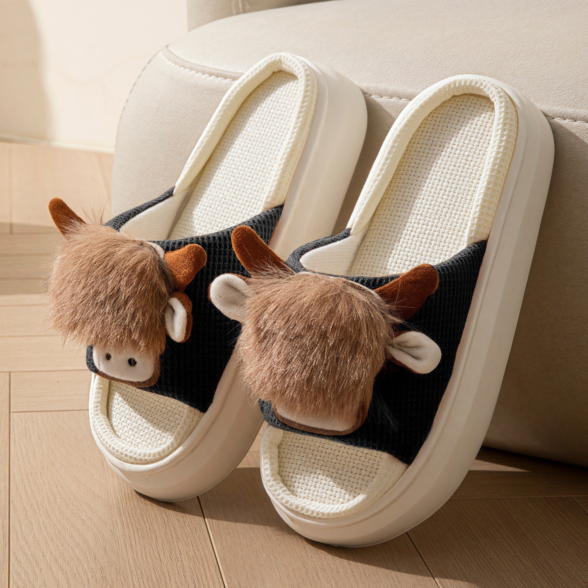 Spring And Autumn Linen Indoor Home Cartoon Eva Soft Bottom Mute Sweat-absorbent Slippers For Women Black - D&A