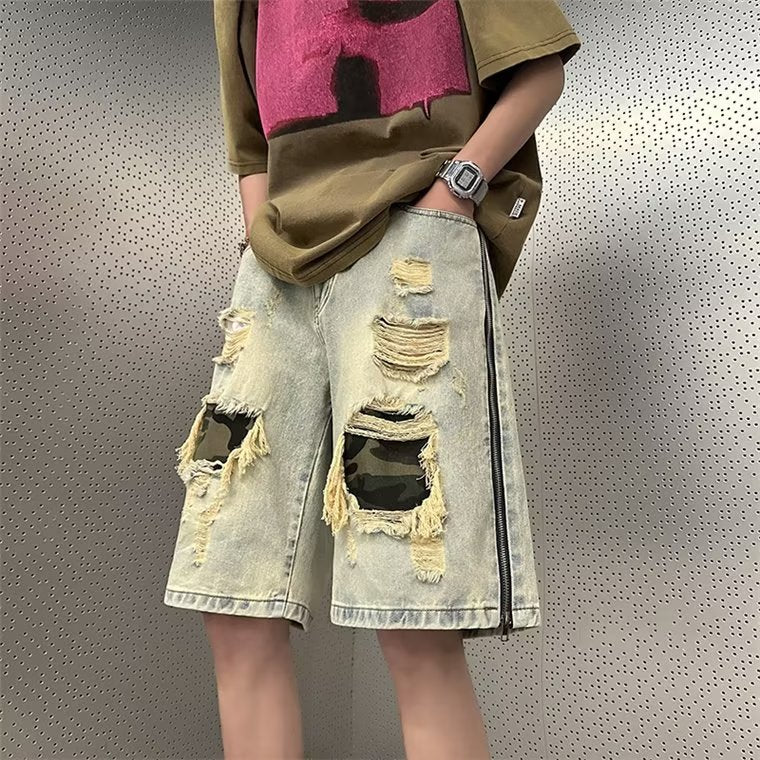 Men's Summer Ripped Camouflage Denim Shorts Yellow Mud Colors - D&A