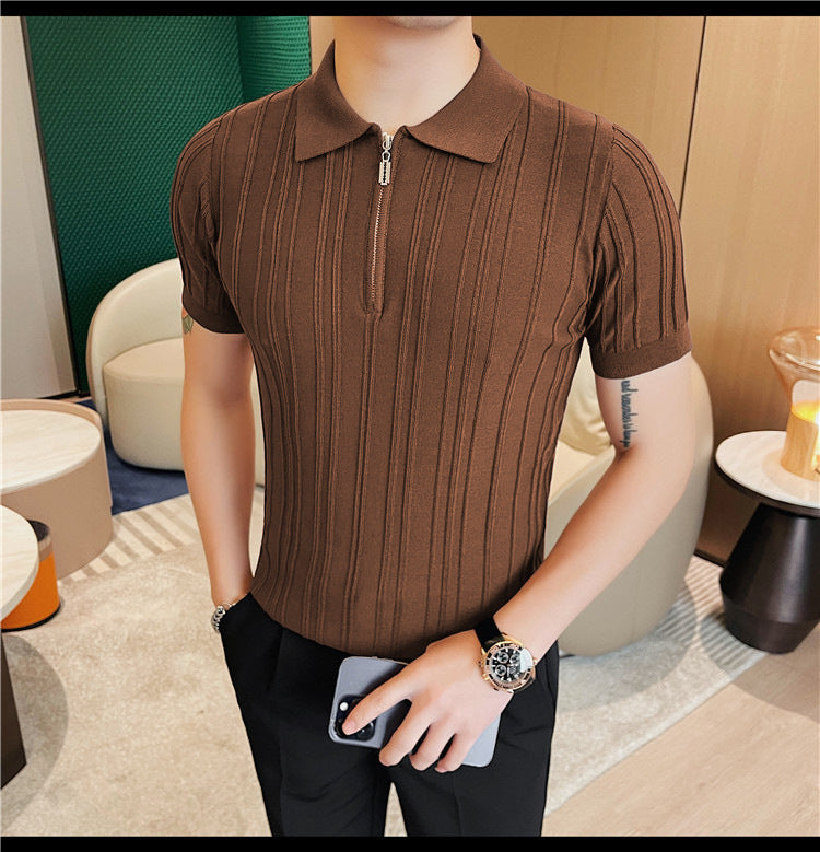 Casual Zipper Short Sleeve Men's Retro Elegant Jacquard Lapel Caramel - D&A