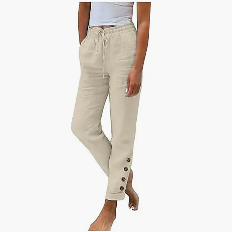 Autumn Solid Color Cotton Linen Straight Casual Button Trousers For Women Khaki - D&A