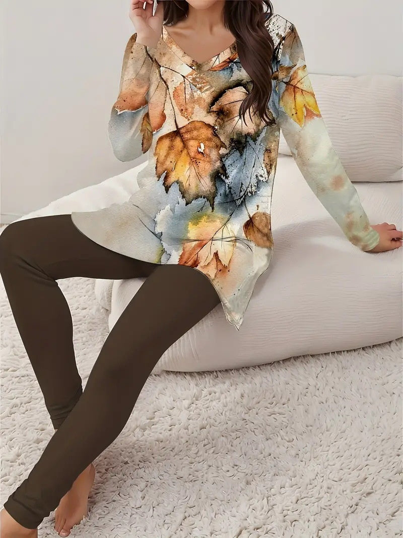 Women Vintage Fashion Floral V-neck Long Sleeve Leggings Printing Suit Figure 3 - D&A