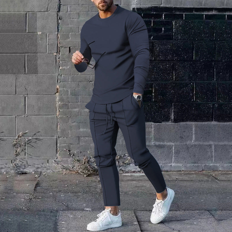 Spring Round Neck Long Sleeve T-shirt Trousers Solid Color Men's Two-piece Suit Navy Blue - D&A