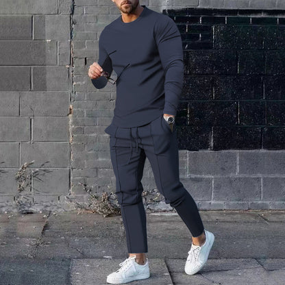 Spring Round Neck Long Sleeve T-shirt Trousers Solid Color Men's Two-piece Suit Navy Blue - D&A