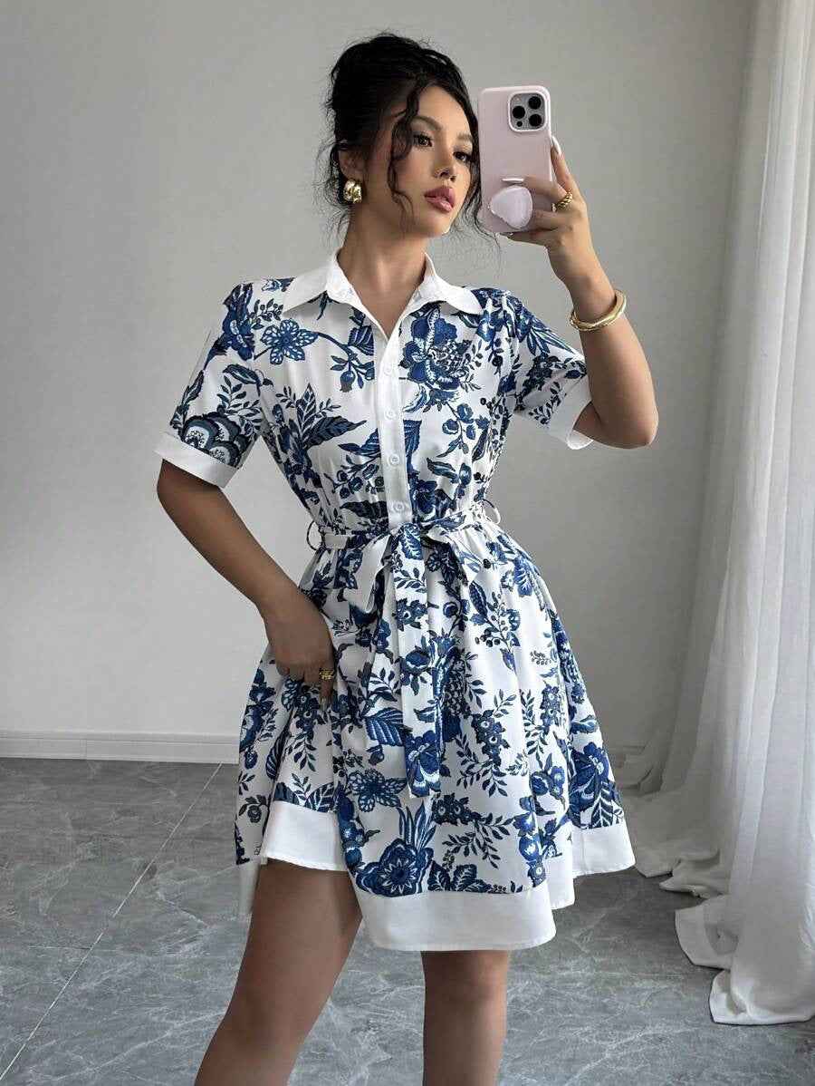 Simplicity Waist-controlled Printed Lace Up Short Sleeve Dress