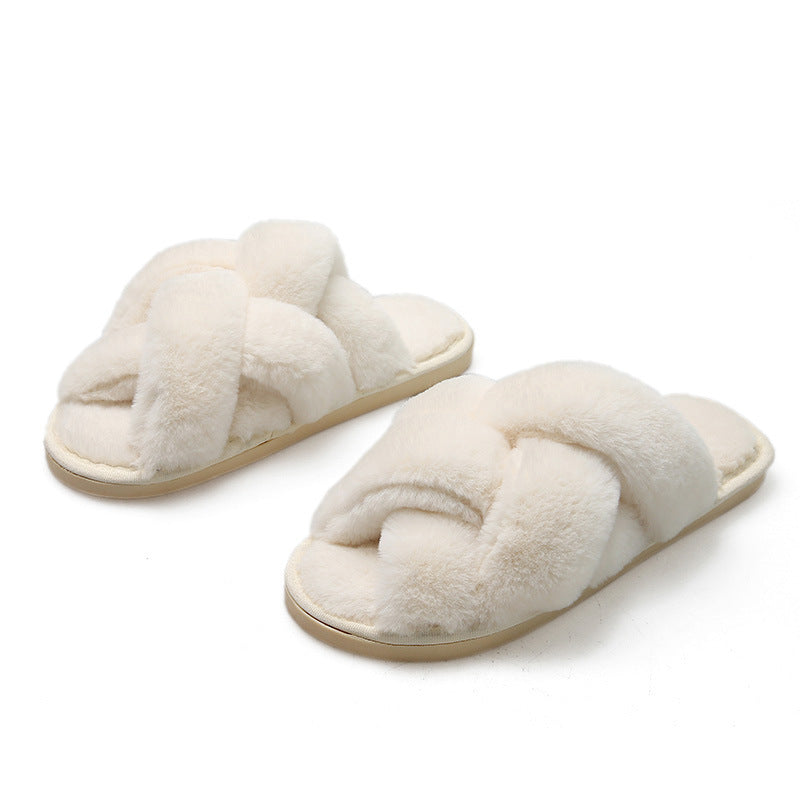 Open Toe Fluffy Slippers Women's Artificial Fur Couple Plush Beige - D&A