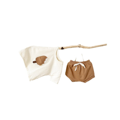 Girls' Casual Round Neck Cotton Ice Cream Patch Short Sleeve Shorts Suit - D&A