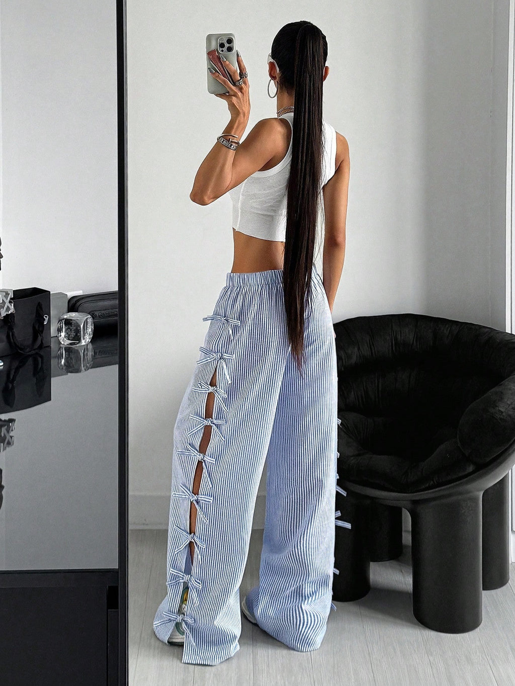 Waist Side Tie Bow Striped Wide Leg Pants - D&A