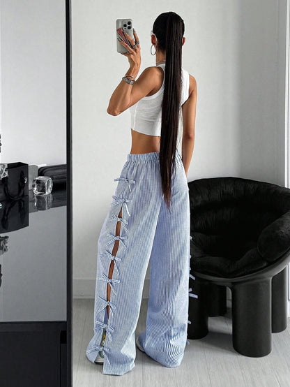 Waist Side Tie Bow Striped Wide Leg Pants - D&A