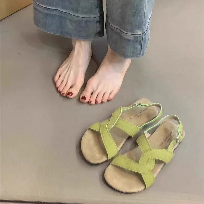 Retro Cross Strap Buckle Sandals For Women Summer Green - D&A