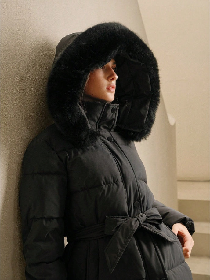 Anewsta Women's Solid Color Long Sleeve Zip Up Hooded Padded Coat With Faux Fur Trim - D&A
