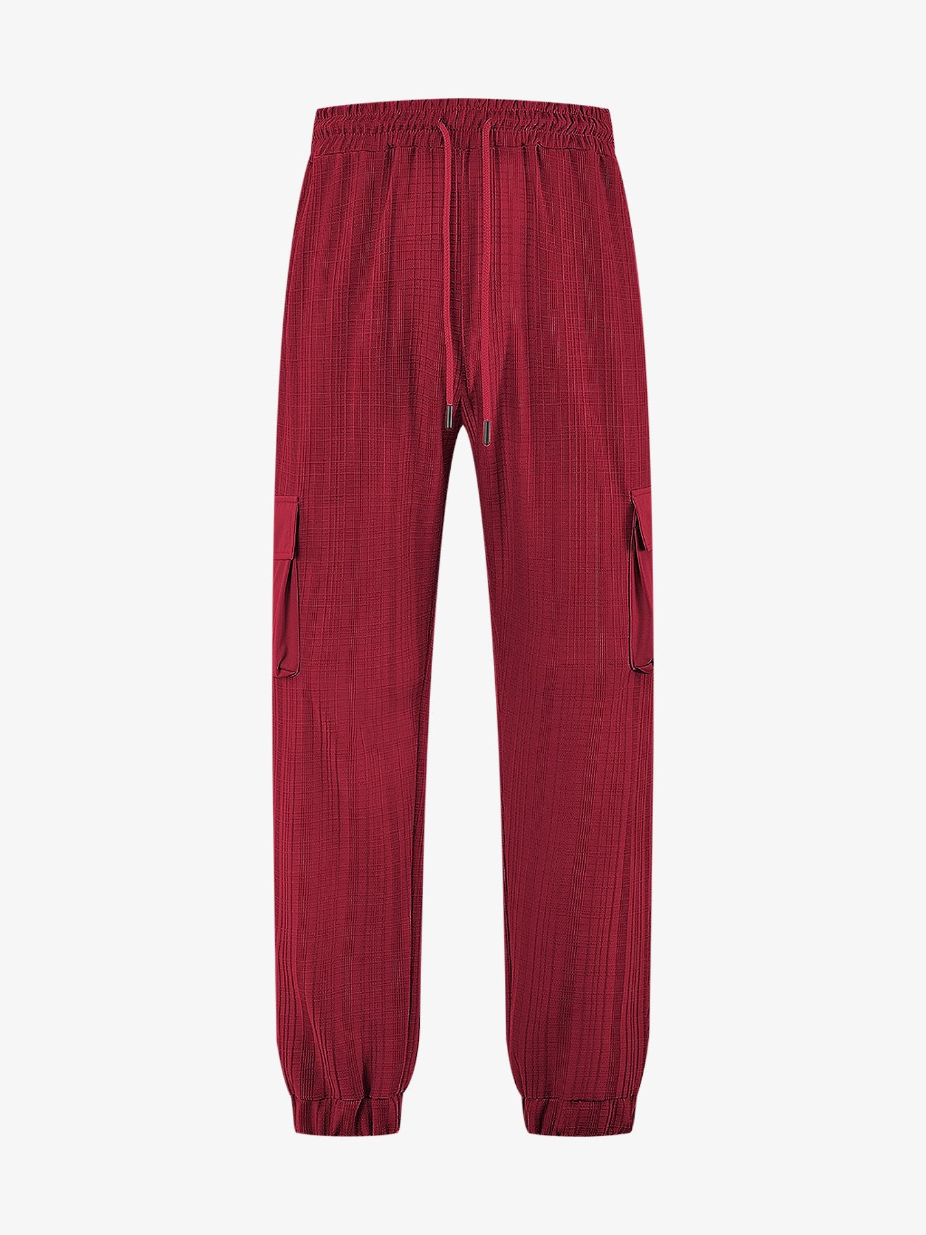 Loose Breathable Micro Elastic Lace-up Imitation Linen Plaid Men's Casual Pants Overalls Wine Red - D&A