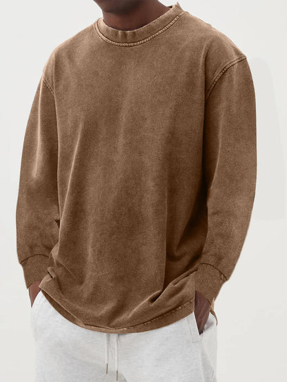 Washed Old Solid Color Men's Long-sleeved T-shirt Camel - D&A