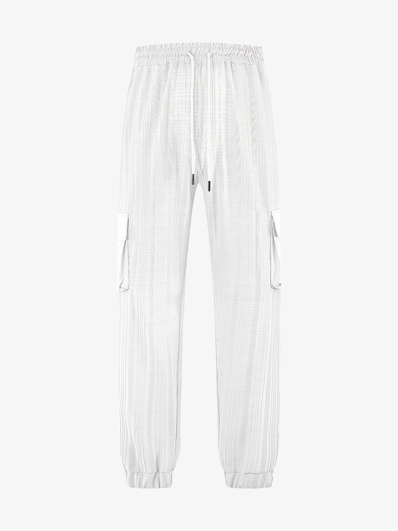 Loose Breathable Micro Elastic Lace-up Imitation Linen Plaid Men's Casual Pants Overalls White - D&A