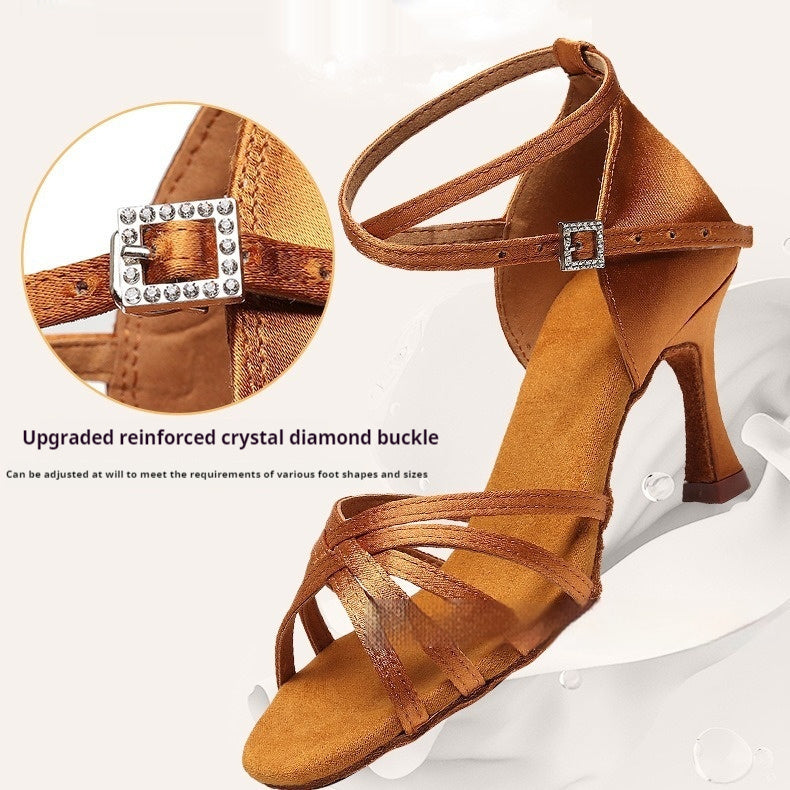 Soft Bottom Satin Grade National Standard Dance Competition Mid-high Heel Latin Dancing Shoes - D&A