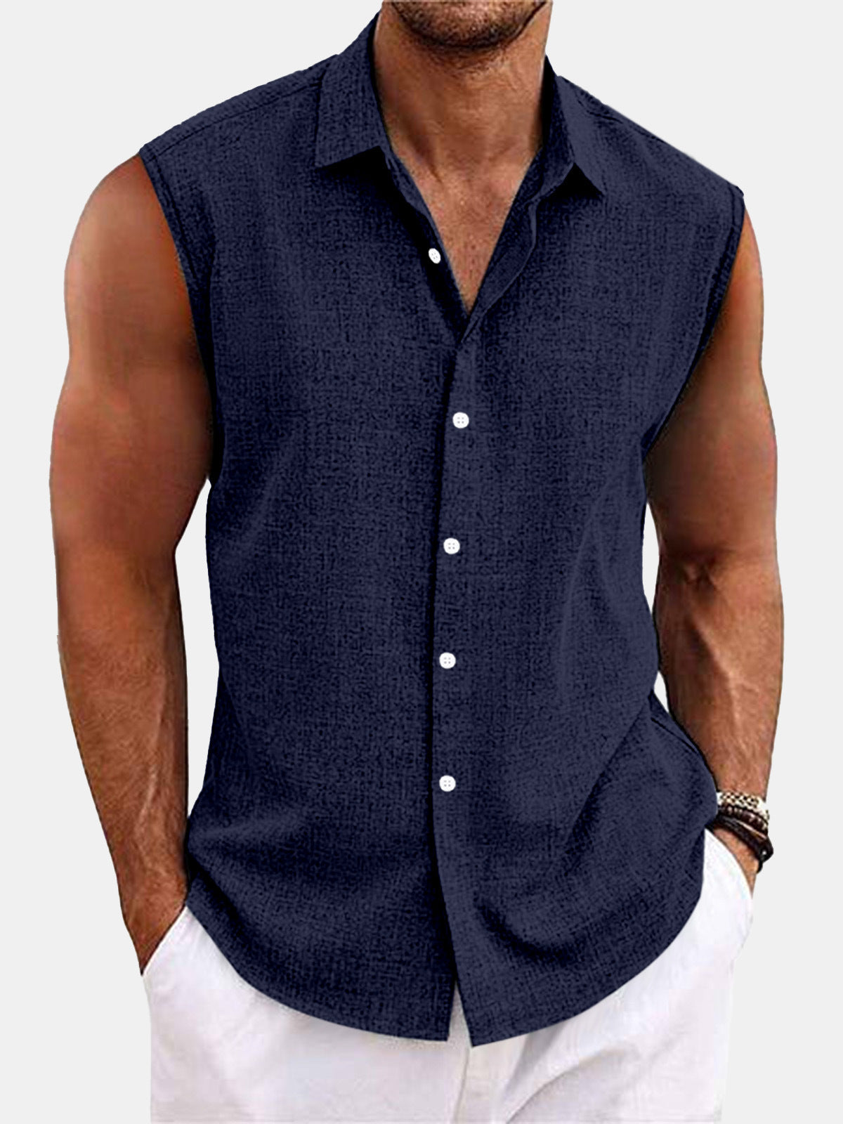 Lapel Beach Sleeveless Shirt Dark Blue - D&A