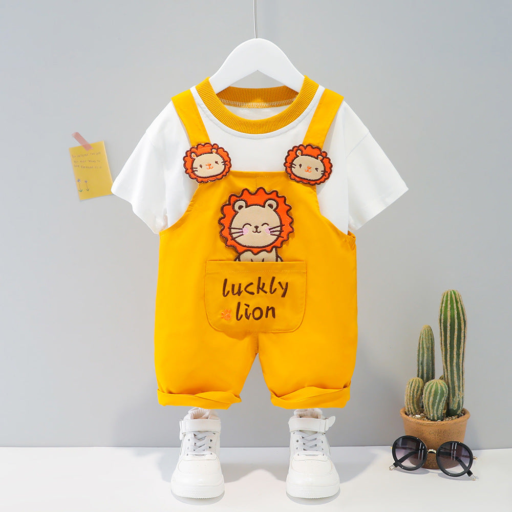 Children's Clothing Men And Women Baby Summer Cartoon Short-sleeved Overalls Yellow - D&A