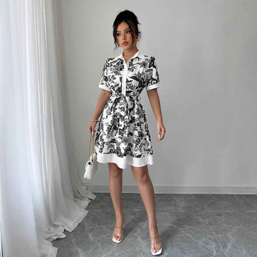 Simplicity Waist-controlled Printed Lace Up Short Sleeve Dress