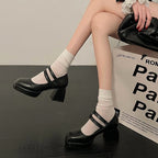 White Mary Jane Chunky Heel Wedding Shoes Black High Edition - D&A