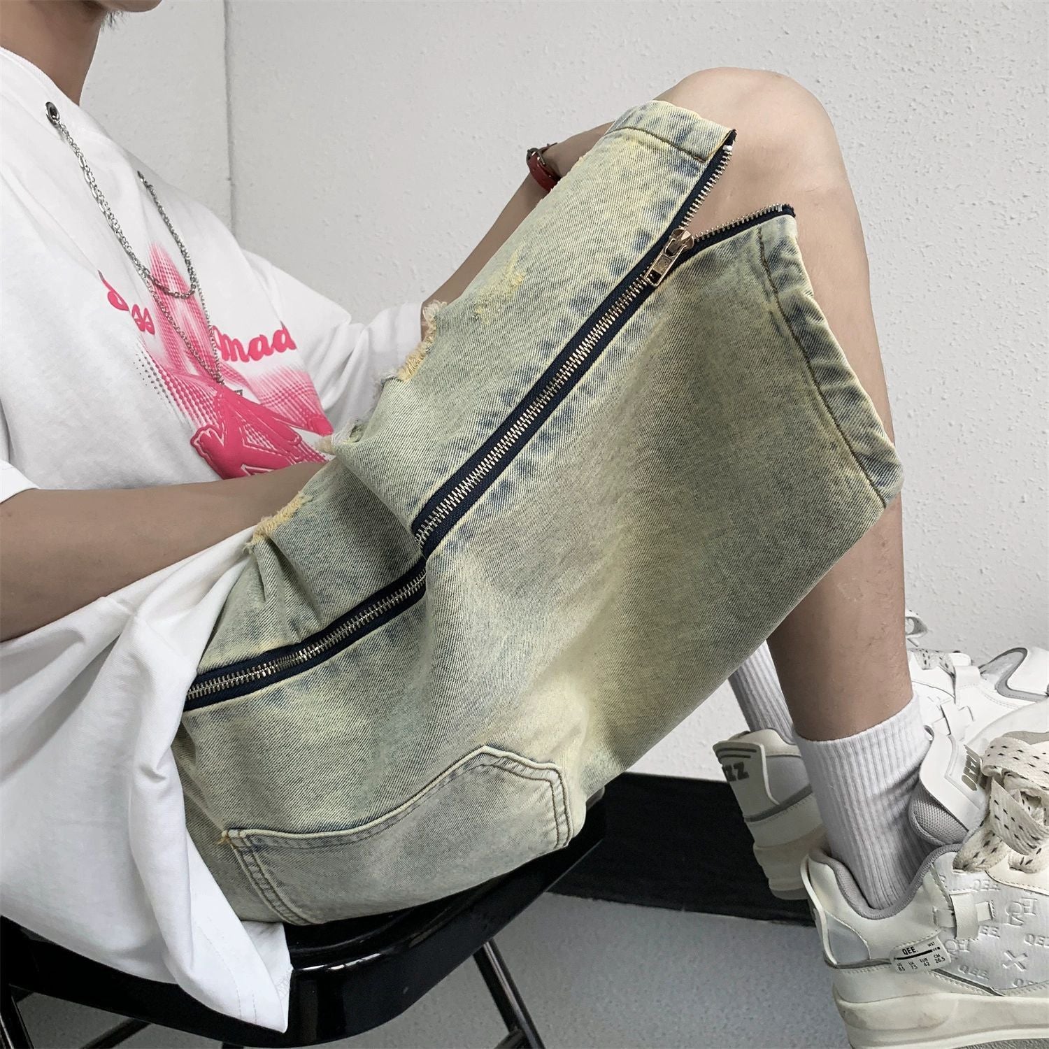 Retro Yellow Mud Ripped Denim Shorts Men's Loose Five Points - D&A