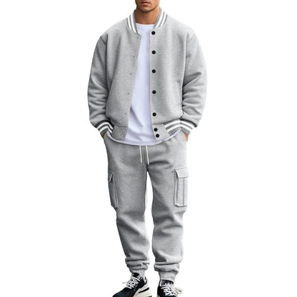 Stand Collar Baseball Uniform Trousers Fleece-lined Casual Coat Sports Suit Light Gray - D&A