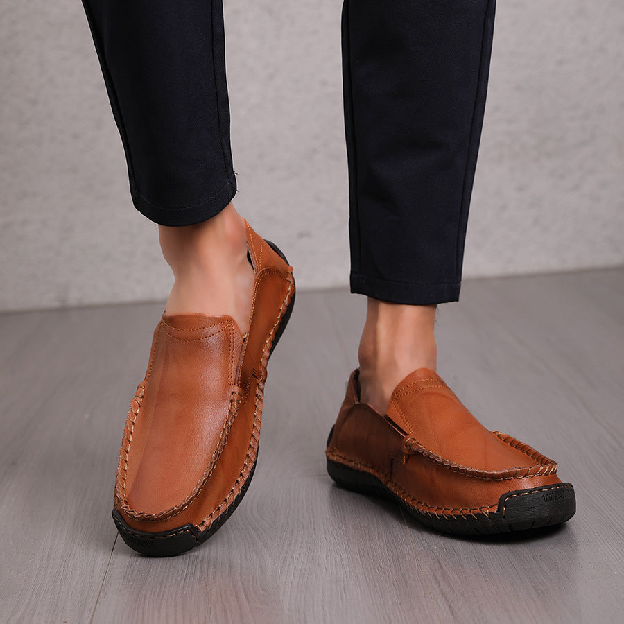 Loafers Men's Lightweight Non-slip Leather Shoes Slip-on Light Brown - D&A
