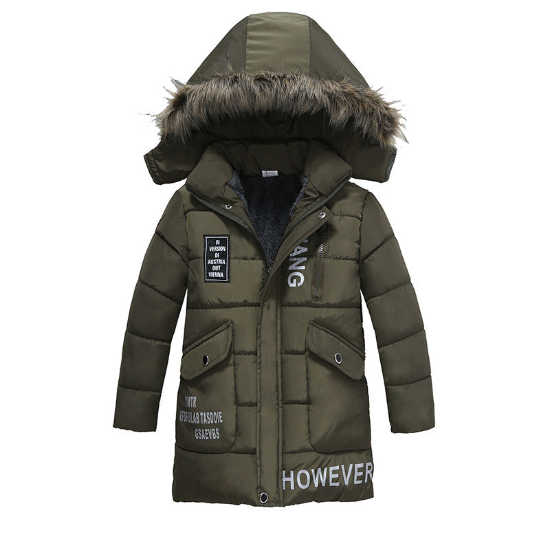 Boys Large Fur Collar Padded Warm Cotton Jacket Green - D&A