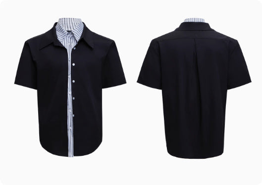 Male Niche Striped Contrasting Patchwork Shirt Top Black short sleeved - D&A