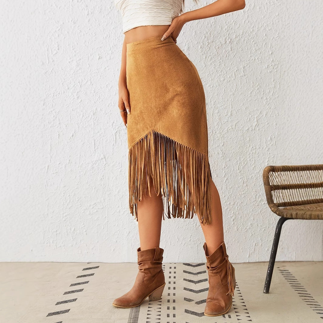 Women's Tassel Edge Asymmetrical Hem Solid Color Skirt - D&A