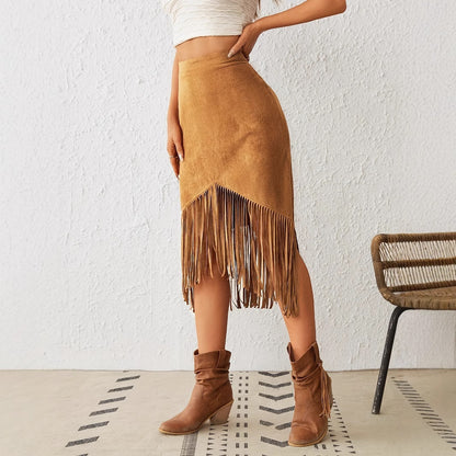Women's Tassel Edge Asymmetrical Hem Solid Color Skirt - D&A