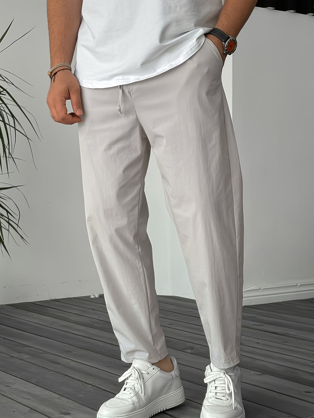 Men's Pure Color Ribbon Pocket Casual Drawstring Trousers - D&A