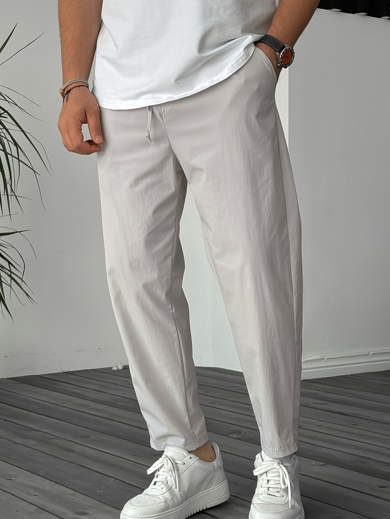 Men's Pure Color Ribbon Pocket Casual Drawstring Trousers - D&A