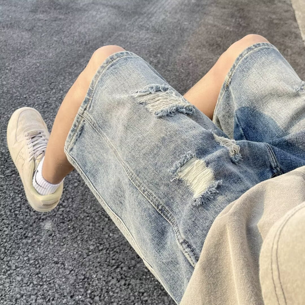 American-style Retro Tattered Jeans Men's Shorts Denim - D&A