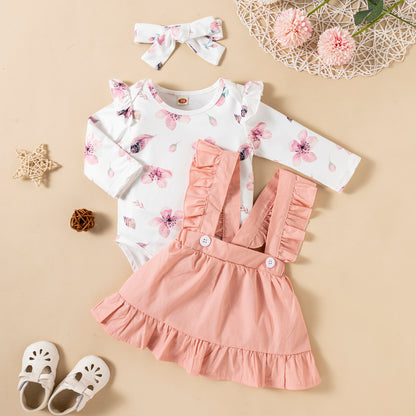 Printed Long-sleeved Baby Girl Romper Two-color Strap Ruffled Dress Headdress Three Pieces - D&A