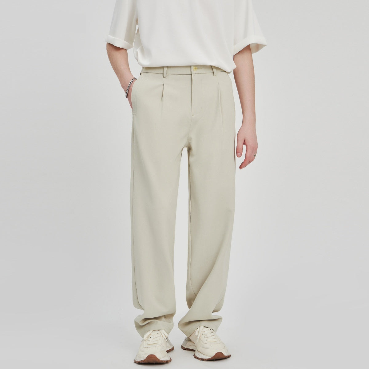 Anti-Wrinkle Woven Casual Loose Straight Drooping Suit Pants Apricot - D&A