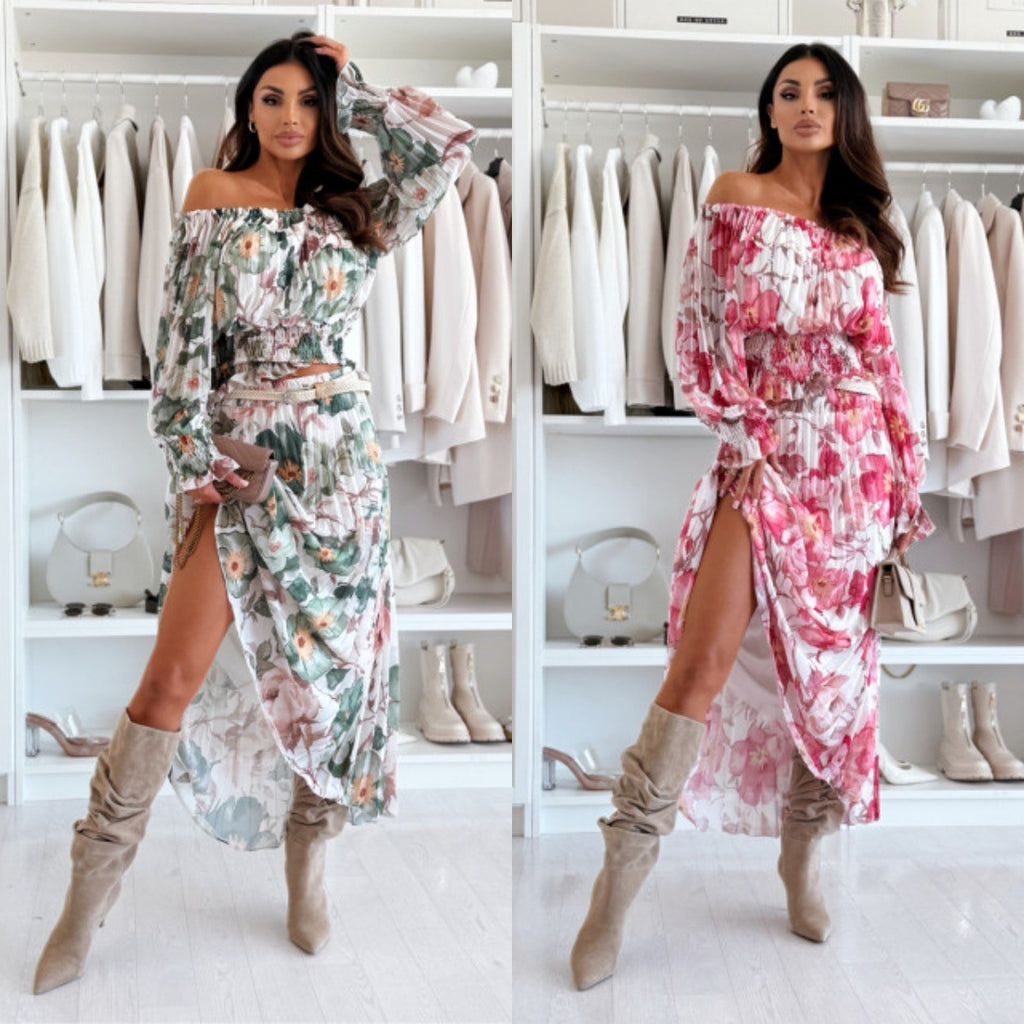 Fashion Floral-print Off-shoulder Long Sleeve Pleated Skirt Suit - D&A