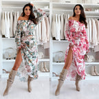 Fashion Floral-print Off-shoulder Long Sleeve Pleated Skirt Suit - D&A