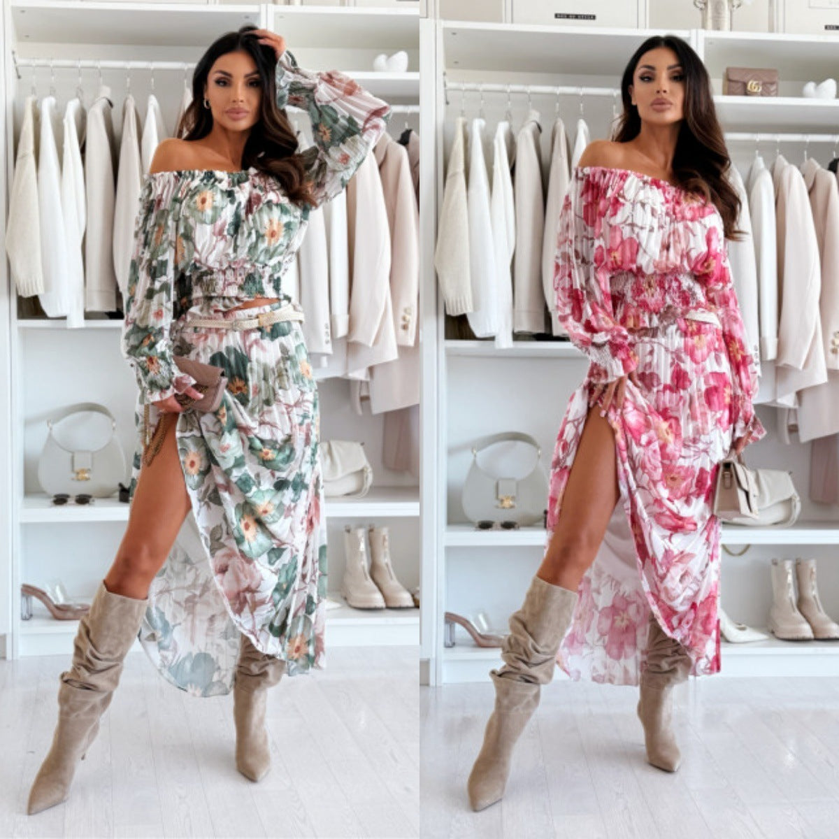 Fashion Floral-print Off-shoulder Long Sleeve Pleated Skirt Suit - D&A