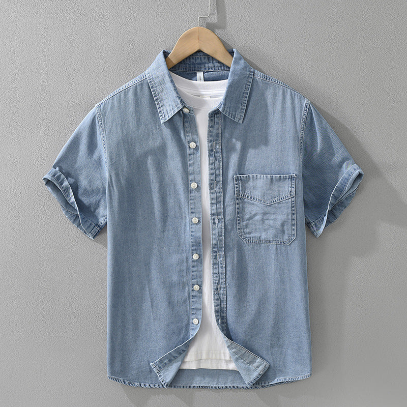 8269 Japanese-style Retro Denim Short Sleeve Shirt Light Blue - D&A