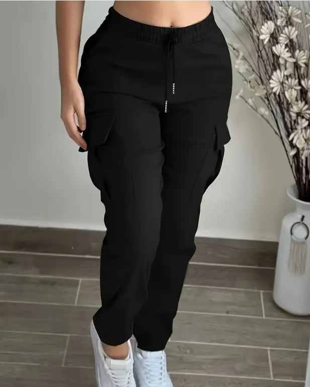 Mountaineering Fashion Drawstring Women's Leisure Cargo Trousers Black - D&A
