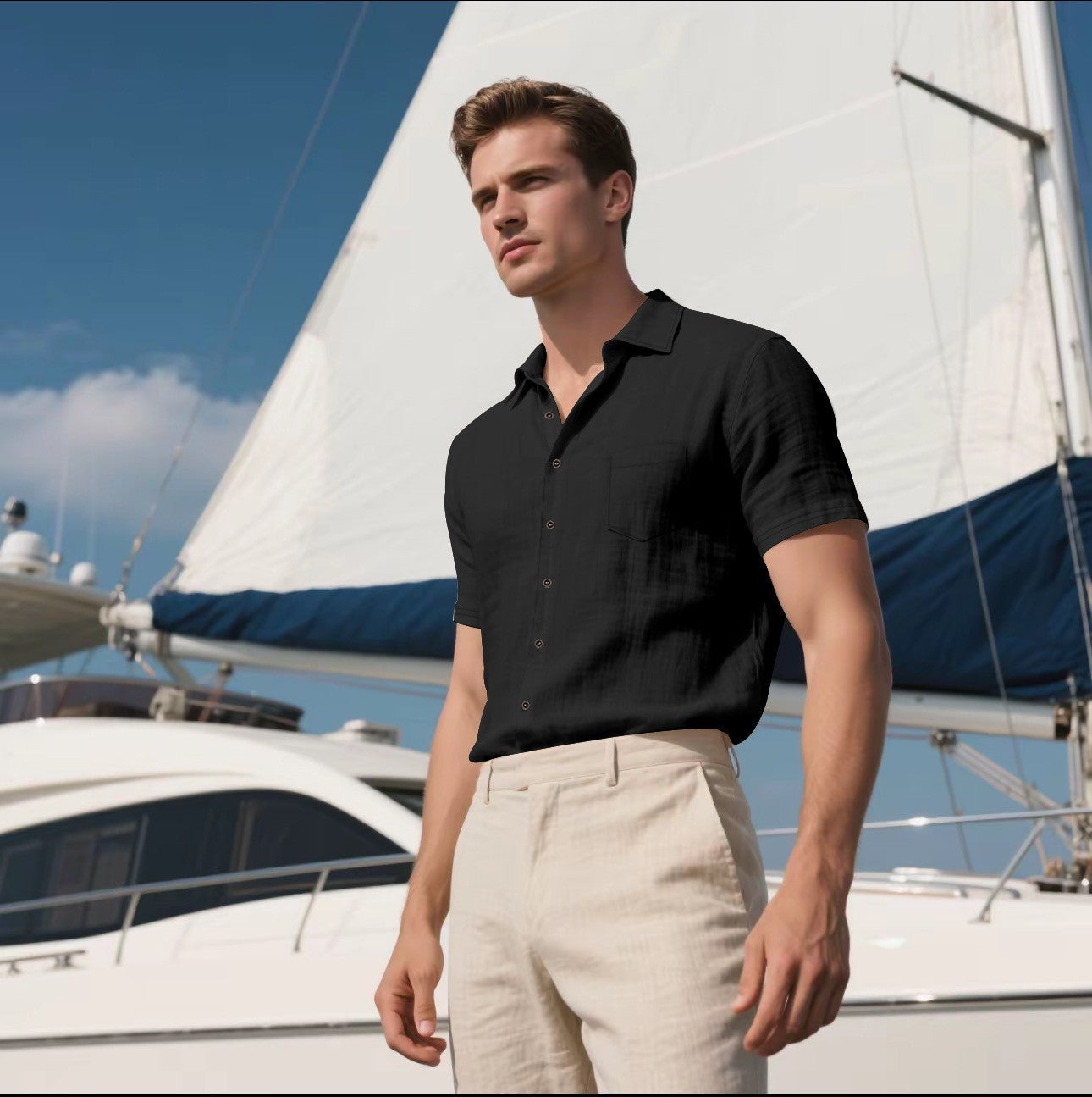 Men's Linen Short-sleeved Shirt Black - D&A