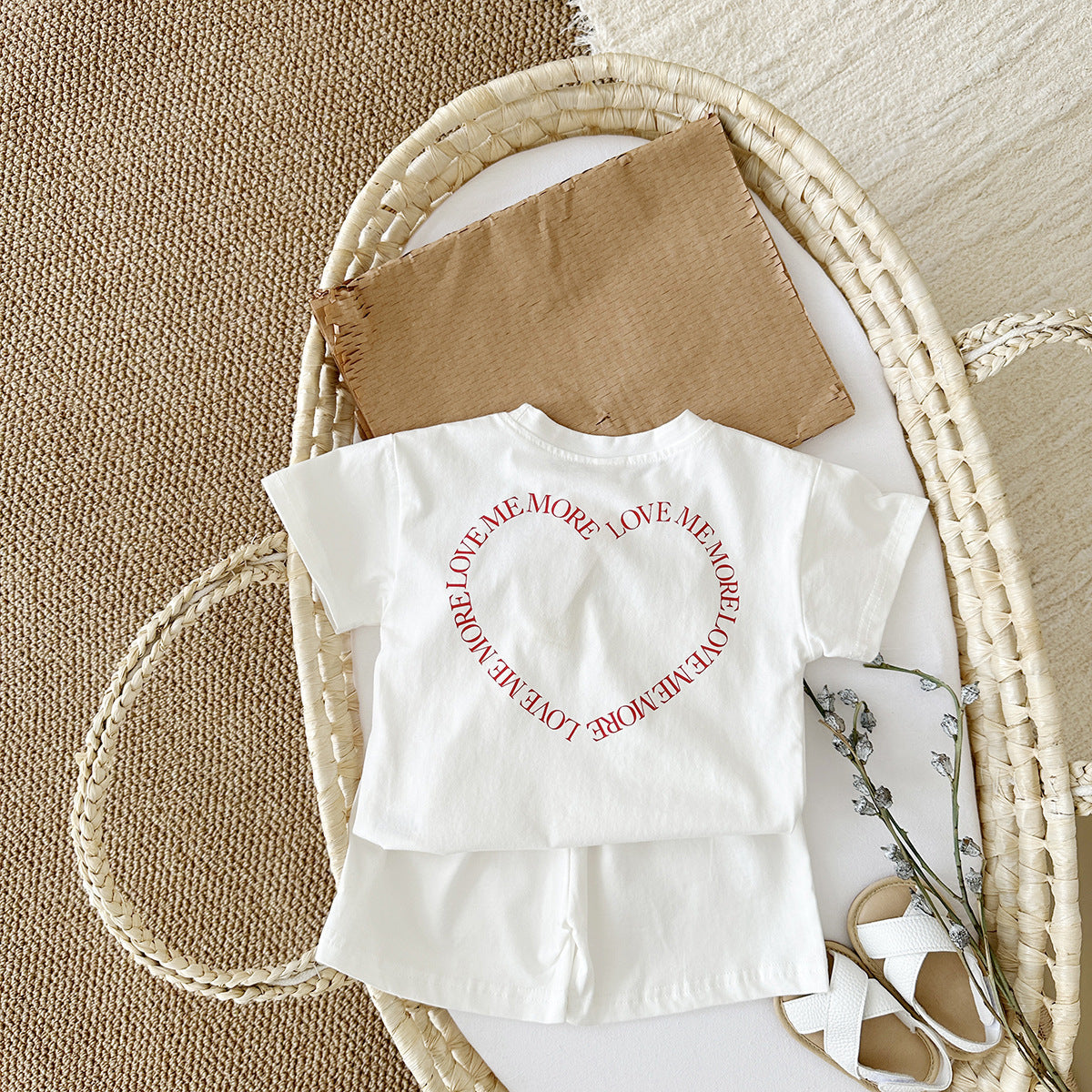 Heart Printing Short Sleeve Suit Korean Style Baby Boys' And Girls' Clothing Two-piece Set - D&A