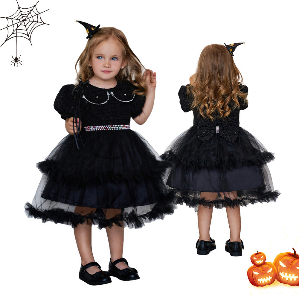 Girls' Fashion Halloween Mesh Stitching Puff Sleeve Dress - D&A