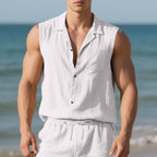 Sleeveless Linen Polo Collar Solid Color Cardigan Beach Shirt Vest White - D&A