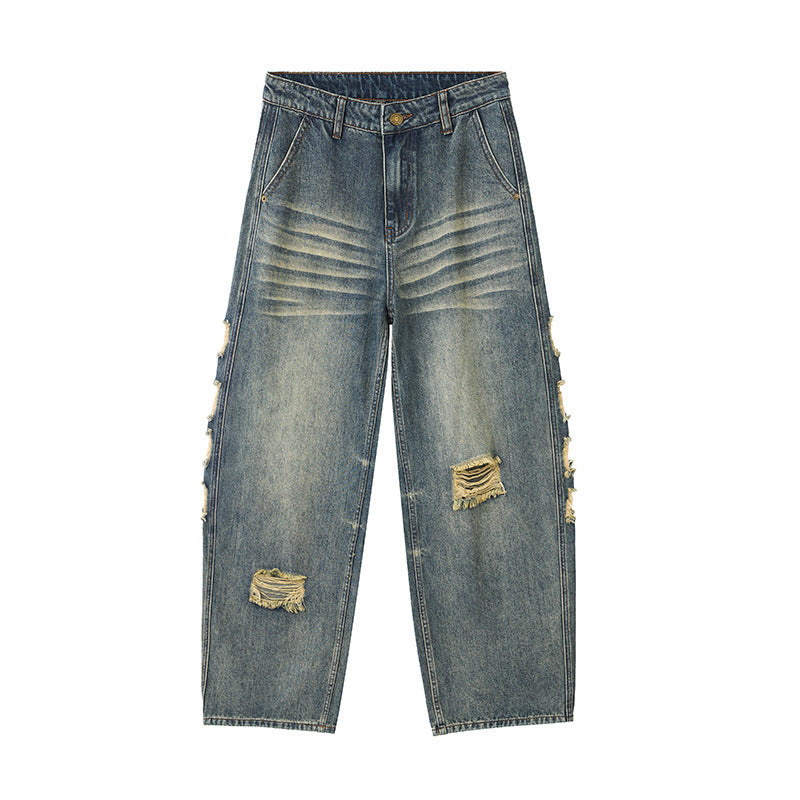 Men's Ripped Wide-leg Jeans Retro Blue - D&A