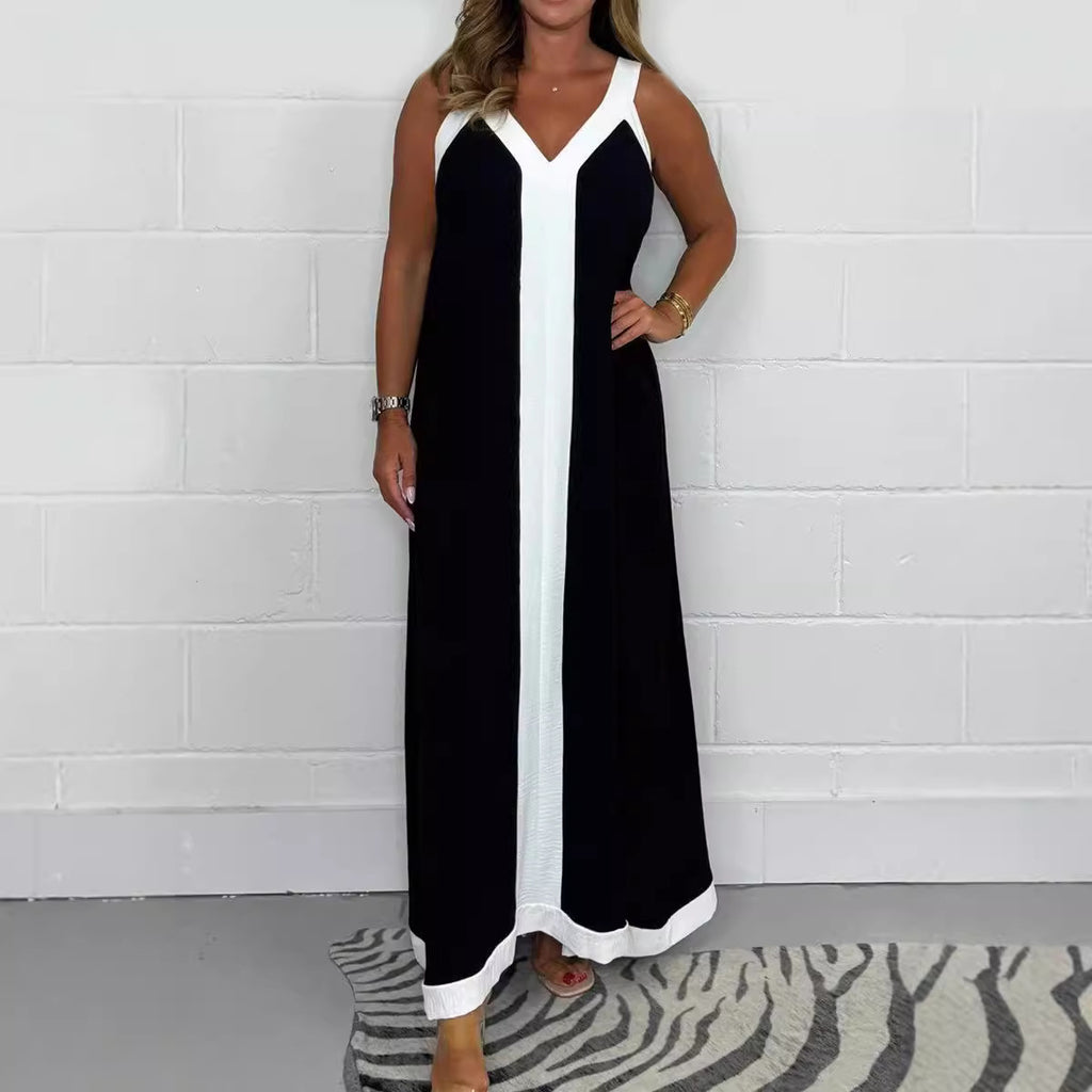 Casual Loose Contrast Color V-neck Sleeveless Long Dress - D&A