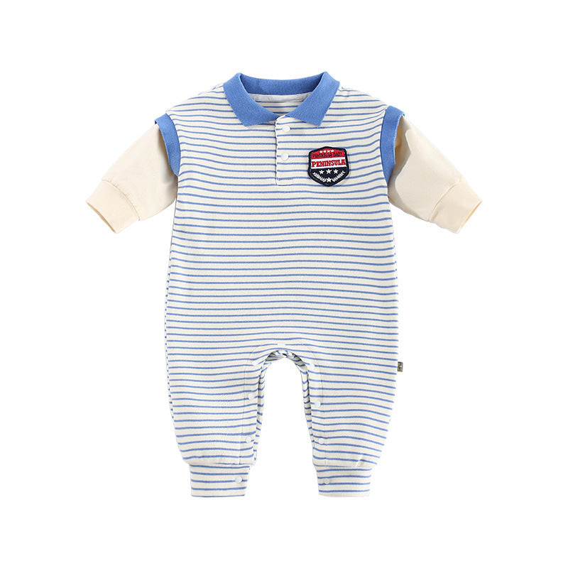 Baby Onesies Striped Male Baby Newborn Clothes Baby Autumn Clothes Blue - D&A
